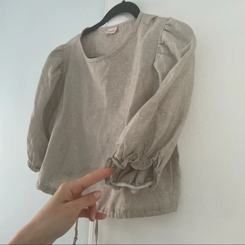 Lisa Says Gah Gold Puff Sleeve Linen Top - Picture 6 of 11